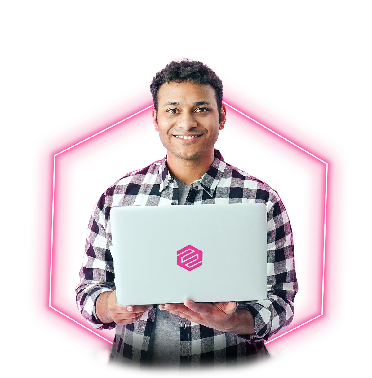 Ethisham-neon man smiling in front of laptop-1