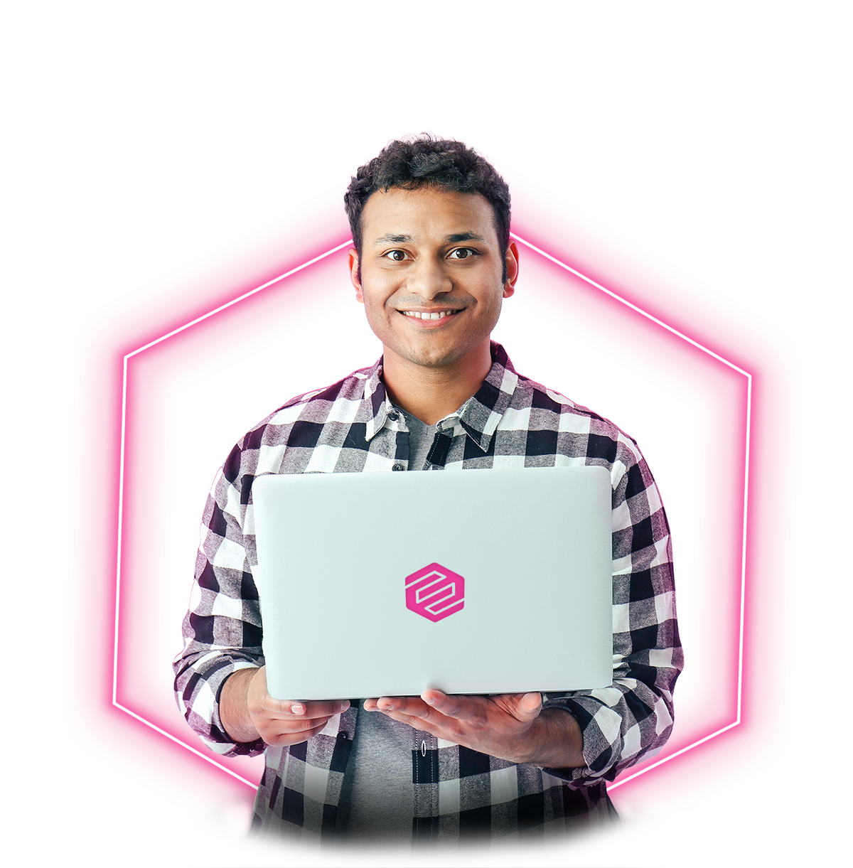Ethisham-neon man smiling in front of laptop