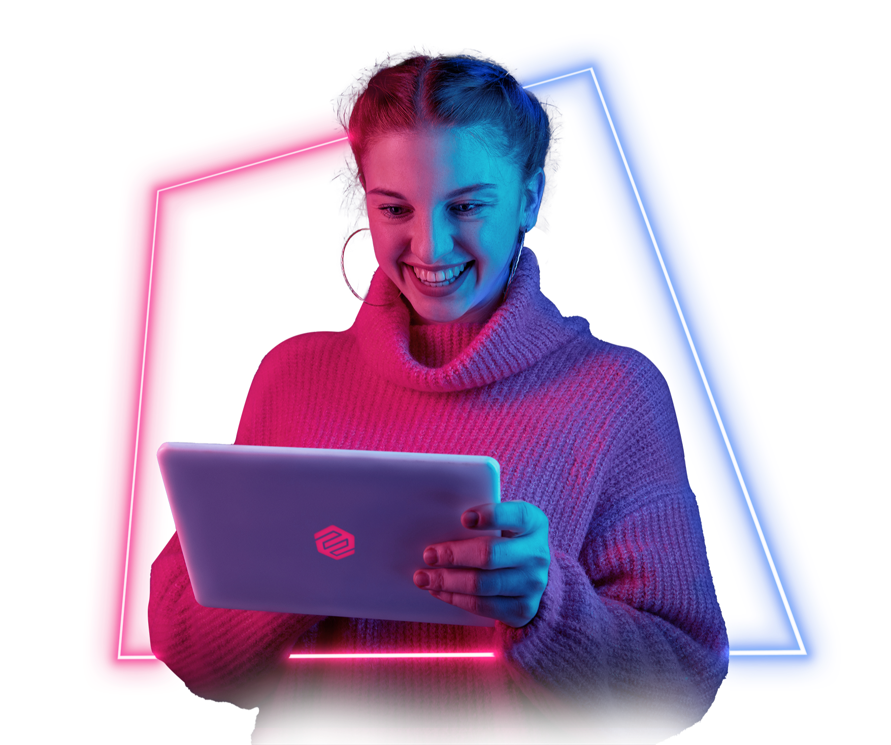 Ruth- neon young woman smiling in front of tablet-1-1