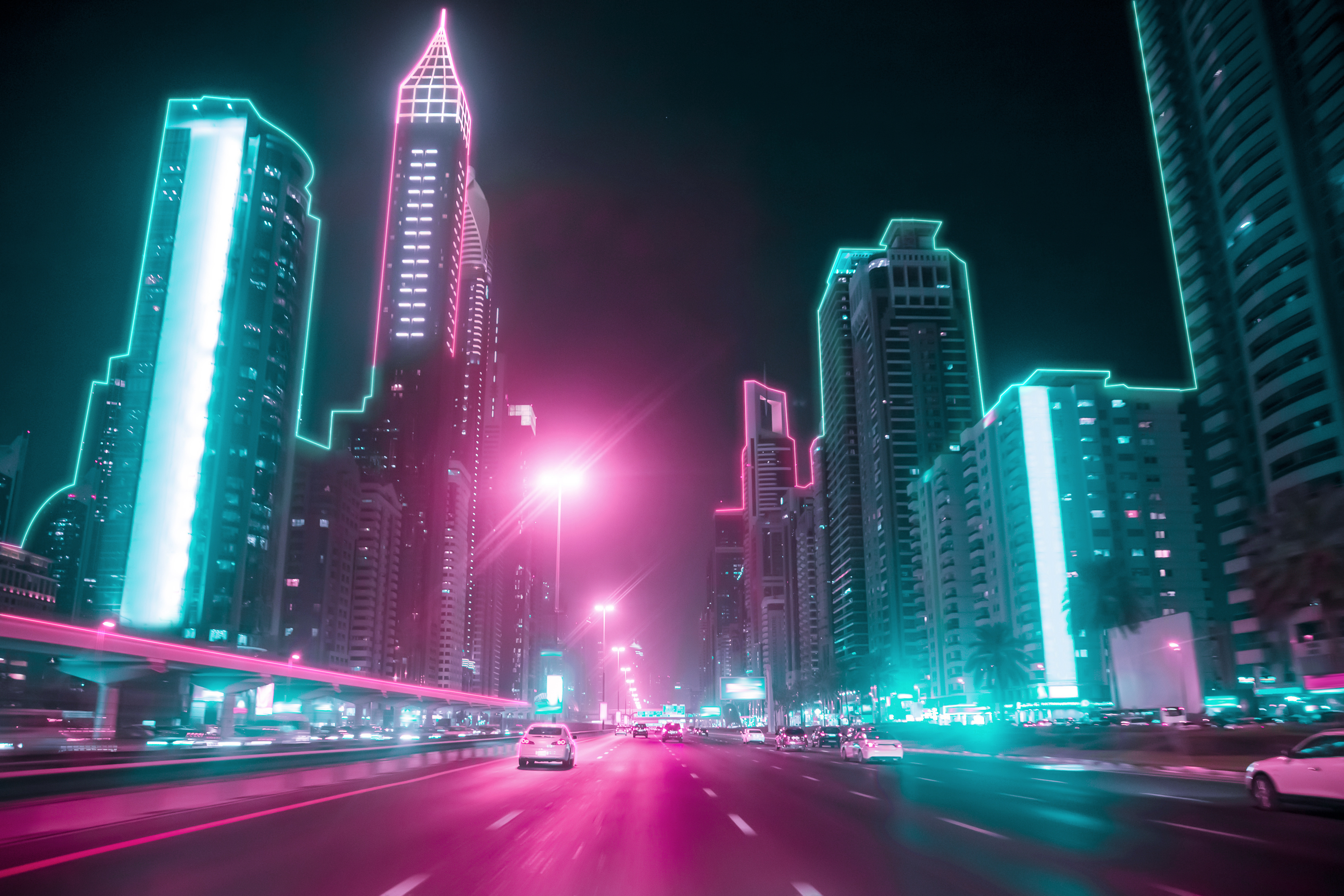 neon city highway skyline dubai at night 2021-07